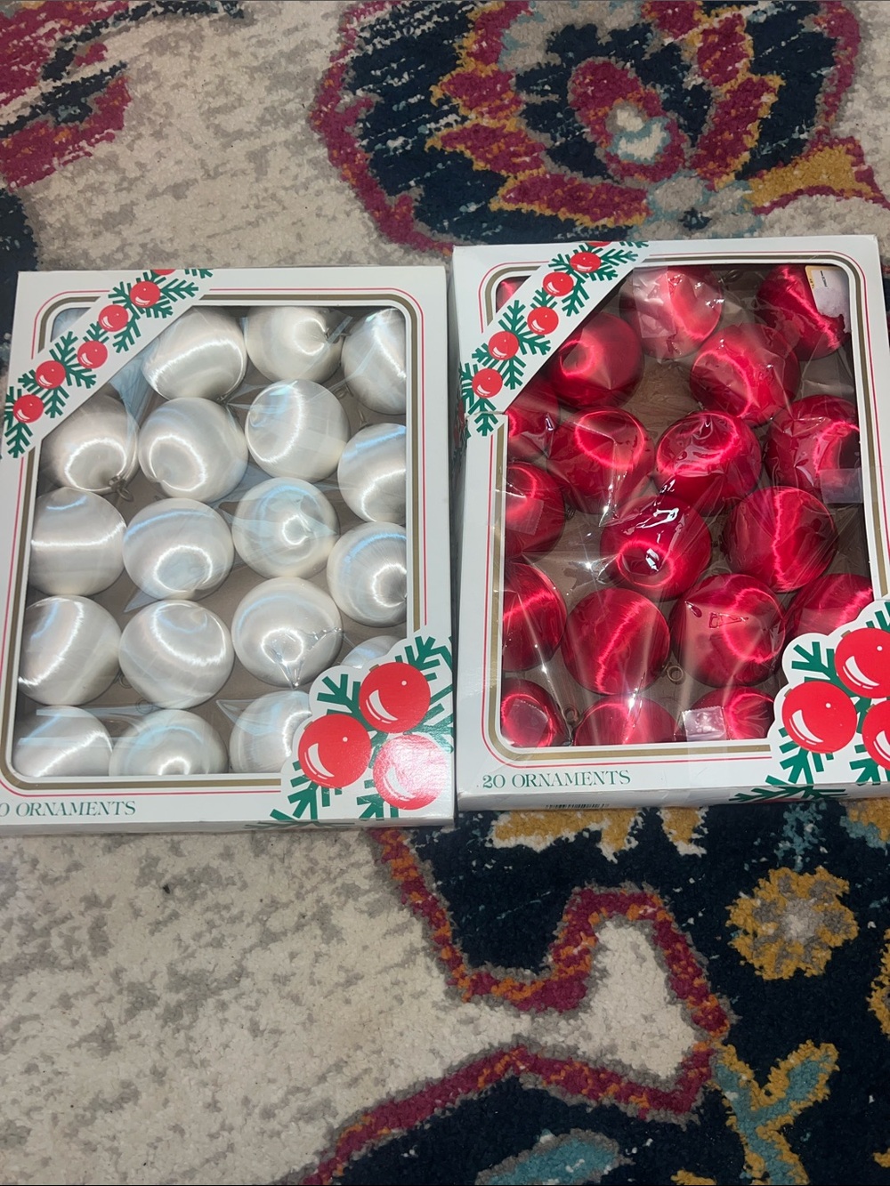 Vintage silk spun Christmas ornaments - in original boxes.  Set of red / white